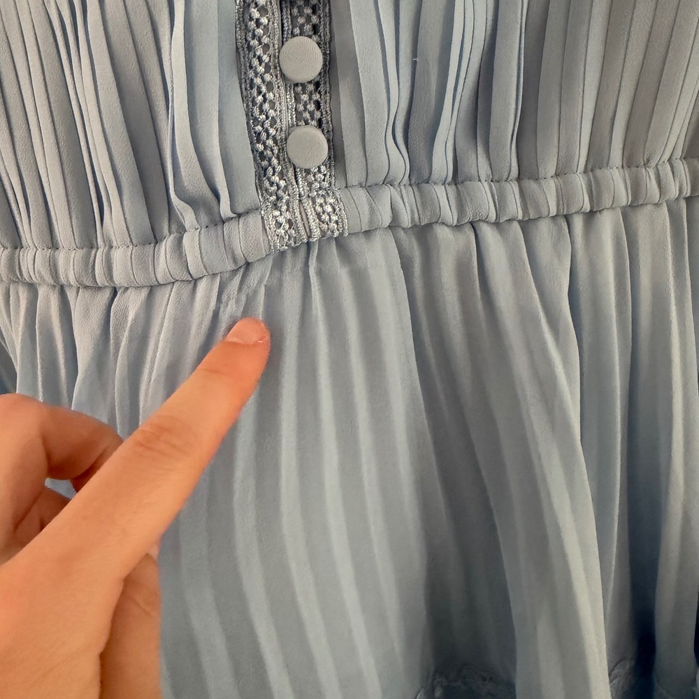 Self-Portrait Light Blue Chiffon Tiered Lace Midi Dress Pleated Short Sleeve 8 - Picture 4 of 8